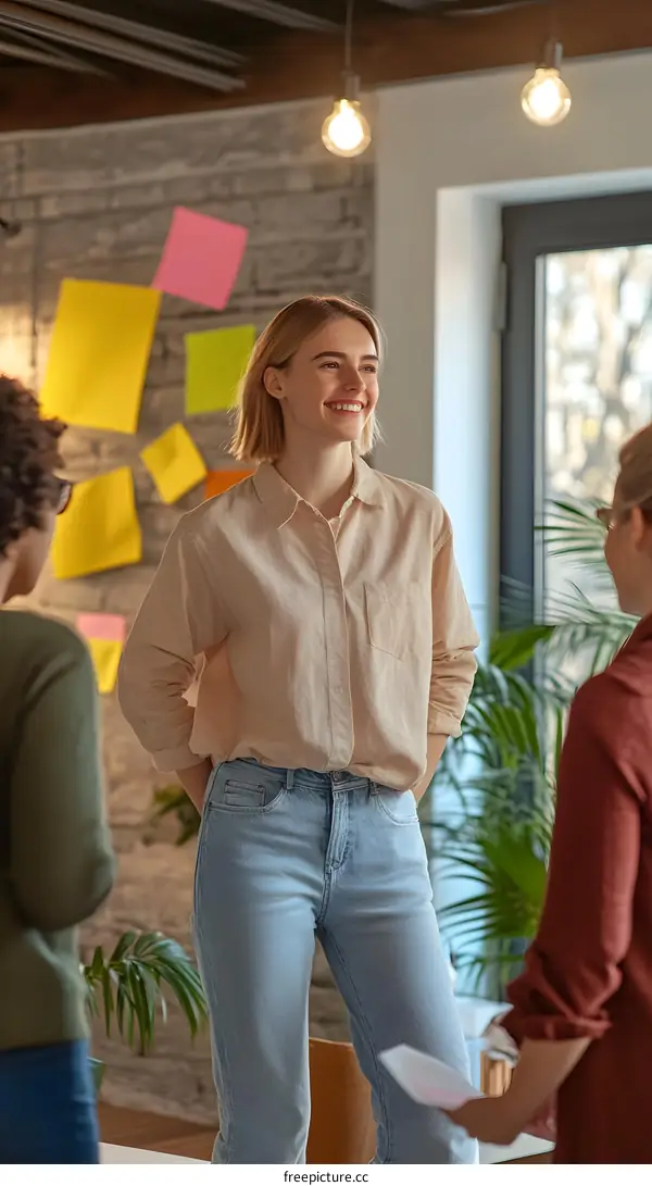 Smiling Woman in Office Meeting with Coworkers