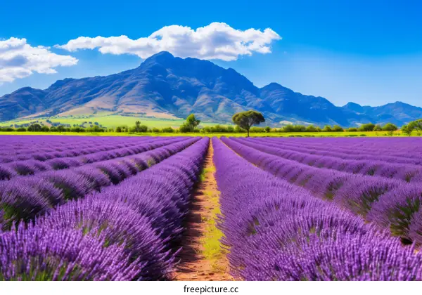 scenic view of a vast lavender field with a mountain in the distance