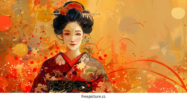 An illustration of a Japanese woman wearing a kimono with a red and white pattern and a yellow background