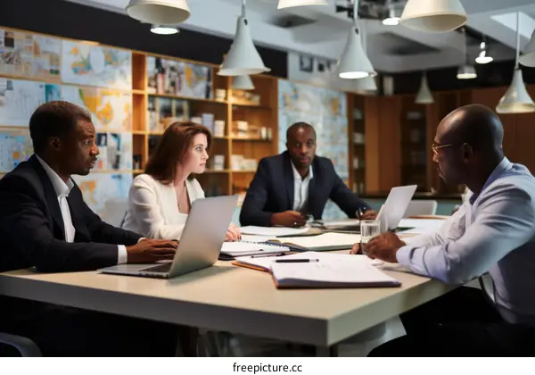 A group of people discussing business in a conference room