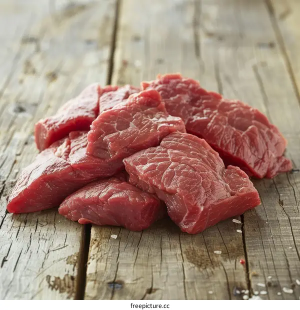 Fresh Beef Chunks on a Butcher Block