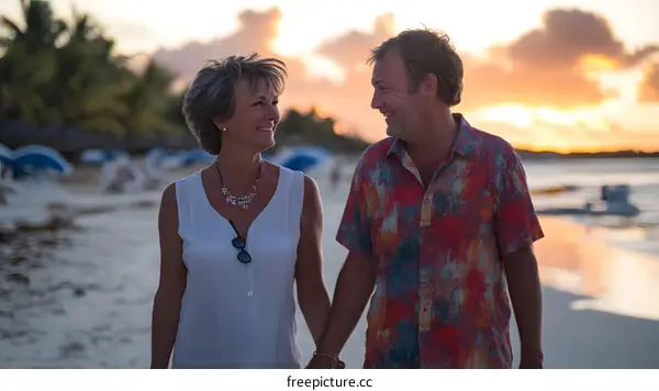 Couple Walking on the Beach at Sunset