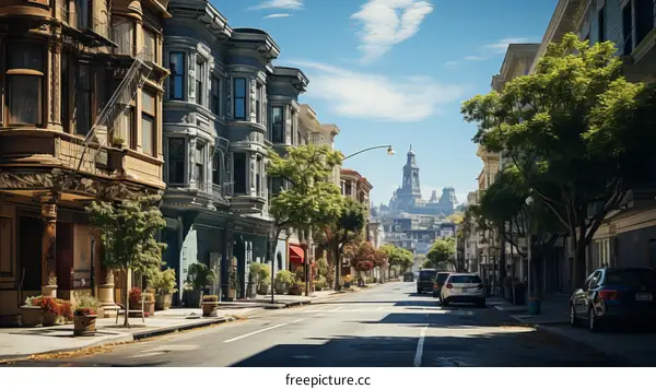 Vibrant City Street with Colorful Houses and Blue Sky