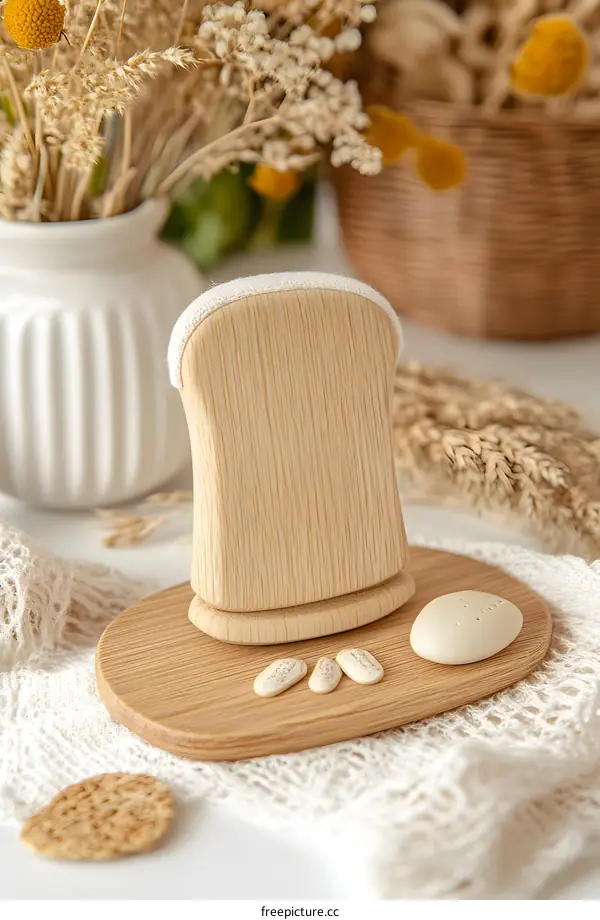 Wooden Ring Stand With White Fabric, Small Stones, and Dried Flowers