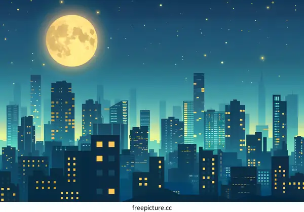 Night Cityscape with Full Moon and Stars