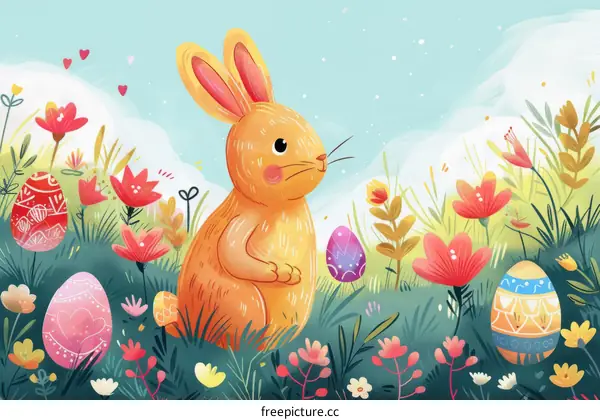 Easter Bunny Frolicking in a Field of Flowers with Colorful Eggs
