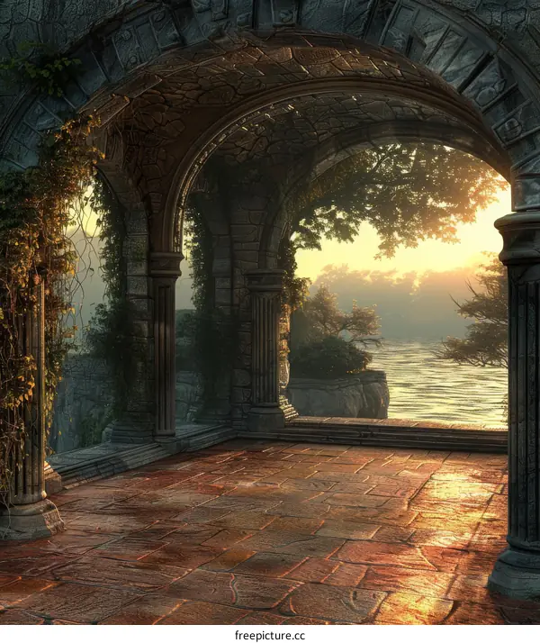 Fantasy Stone Archway Overlooking Sunset Lake