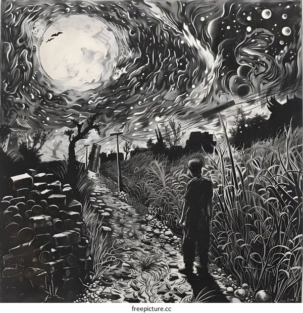 Silhouettes of a Person Walking on a Path Under a Large Moon in the Night Sky