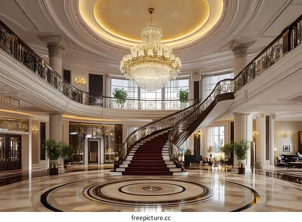 Grand Staircase in a Luxurious Mansion with Ornate Chandelier