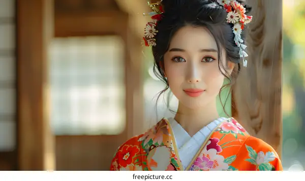 Portrait of a beautiful Japanese woman in traditional kimono