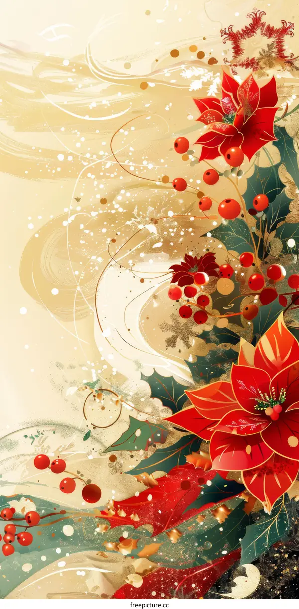 red and green poinsettia flowers with golden leaves