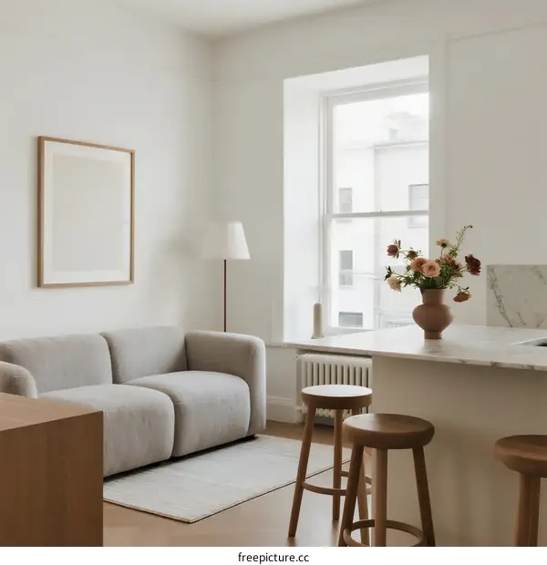 Modern living room with light color palette and cozy sofa