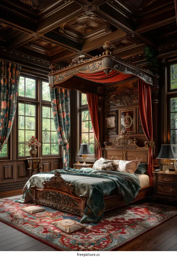 Antique Wooden Canopy Bed in a Luxurious Bedroom
