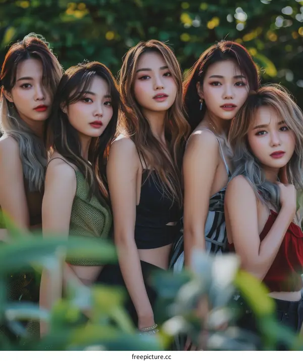 Portrait of five beautiful Asian women standing together in a garden