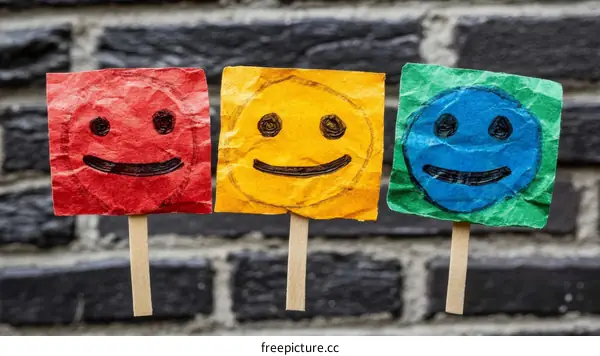 Three Colorful Smiley Faces on Sticks