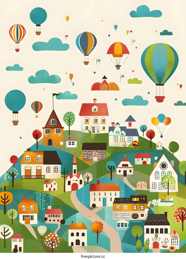 Colorful Village Illustration with Hot Air Balloons