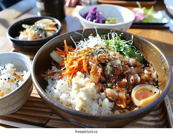 A delicious and healthy Japanese meal with rice, chicken, vegetables, and egg