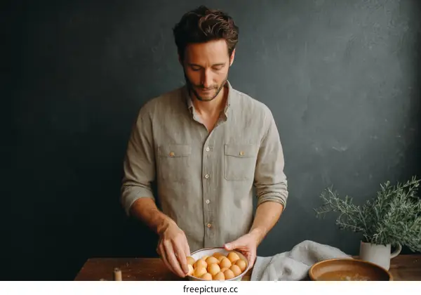 Man Preparing Eggs in Kitchen