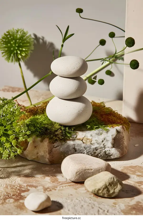 Stack of Round Stones on Mossy Rock in a Minimalist Still Life