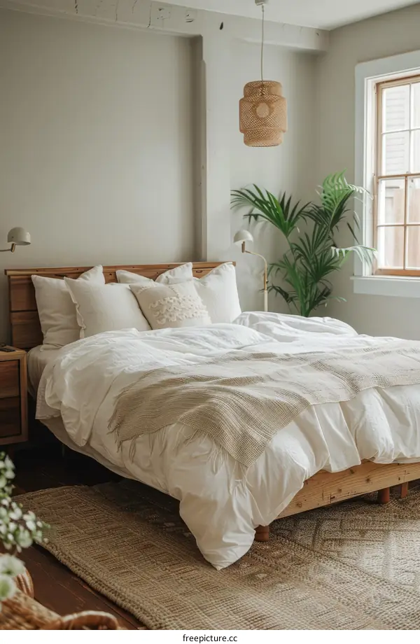 A Cozy Bedroom with King-Size Bed, Plants, and a View