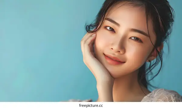 Beautiful Young Woman With Long Black Hair Smiling