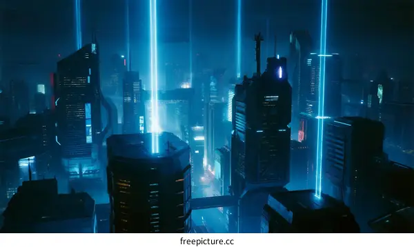Futuristic Cityscape with Tall Buildings and Glowing Lights