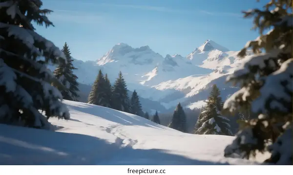 Snow-covered pine trees and mountain peaks under clear blue sky