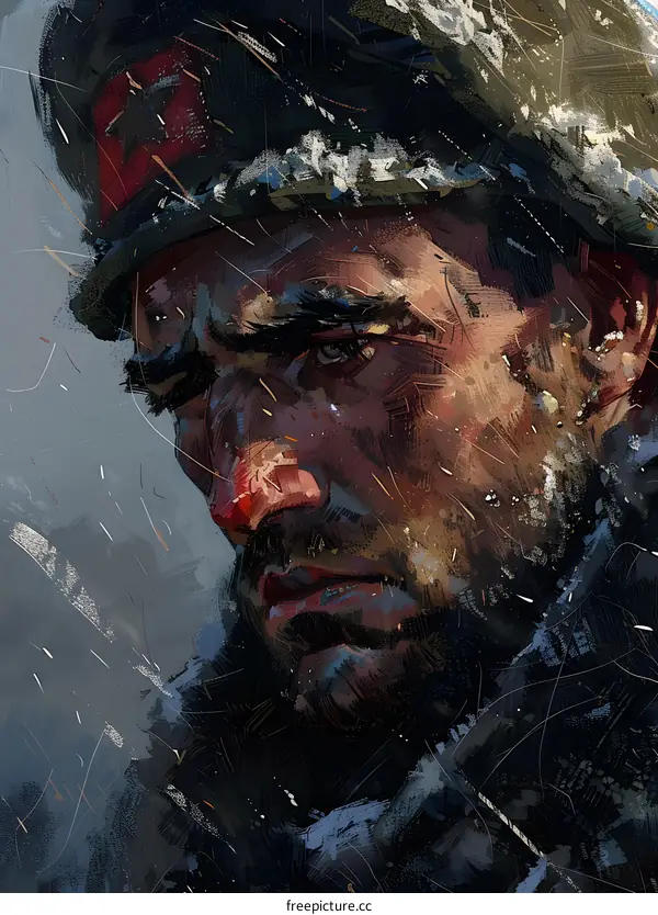 Portrait of a soldier wearing a winter hat with a red star