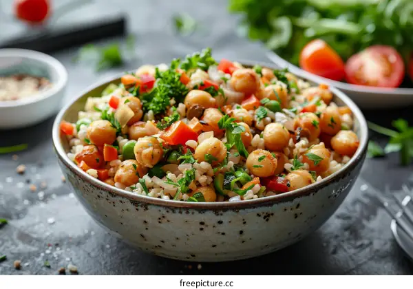 Chickpea and brown rice salad with roasted vegetables