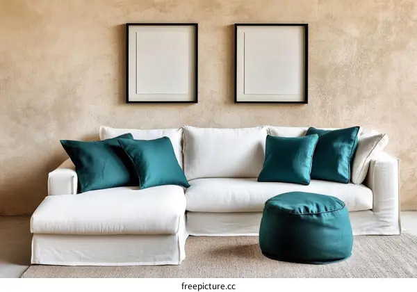 Modern Living Room with Teal Pillows and Ottoman