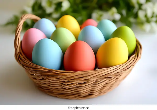 Colorful Easter Eggs in a Wicker Basket