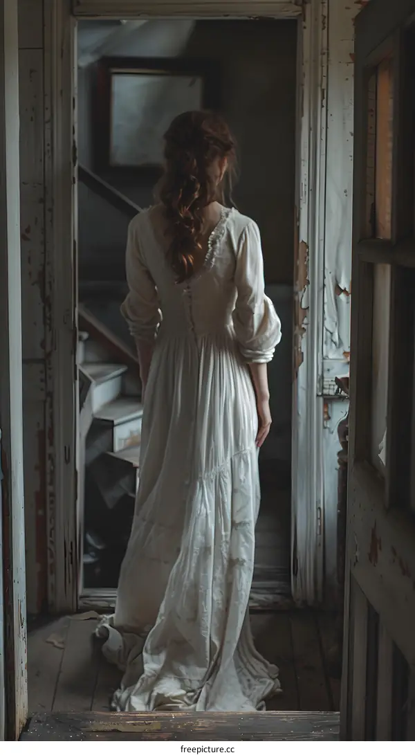 Woman in white dress standing in doorway