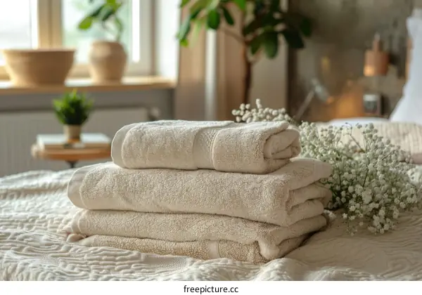 Three beige towels on a bed with a plant in the background