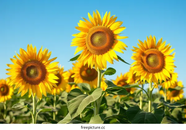 Field of sunflowers with three sunflowers in focus