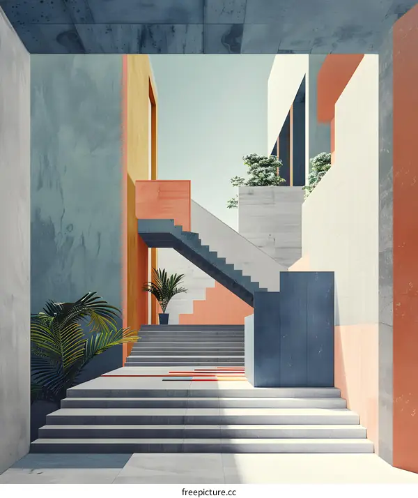 Minimalist Architecture Illustration with Stairs and Plants