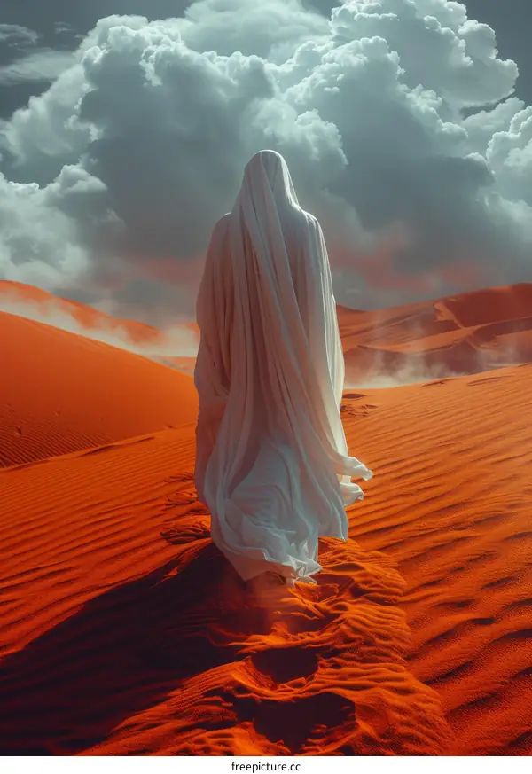 Figure in White Robes in Vast Desert Landscape