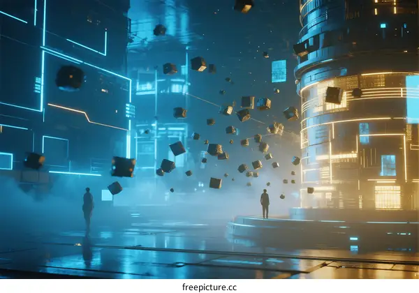 Futuristic Cityscape with Floating Cubes and Silhouette Figures