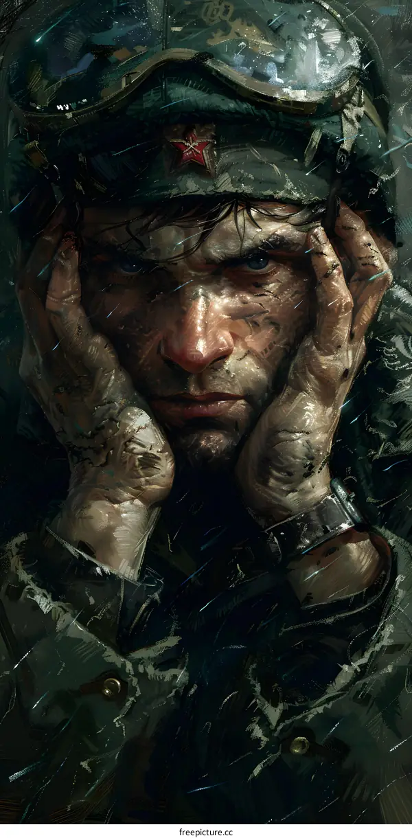 Portrait of a soldier, he looks tired, sad and desperate