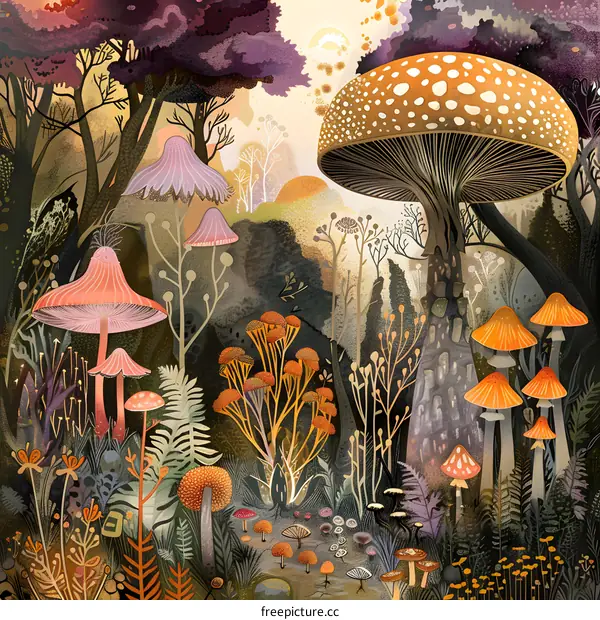 Autumn Forest Illustration with Magical Mushrooms