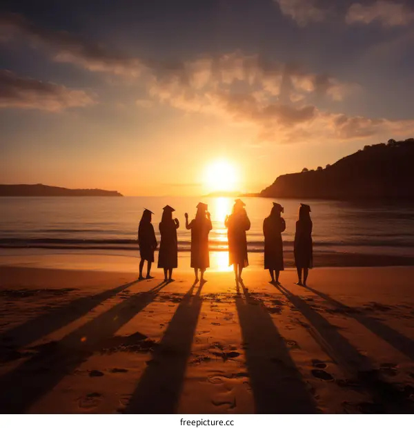 Female graduates in caps and gowns celebrate on beach at sunset