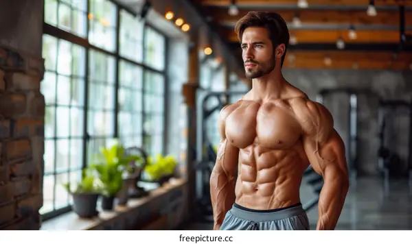 muscular man standing in a room with large windows