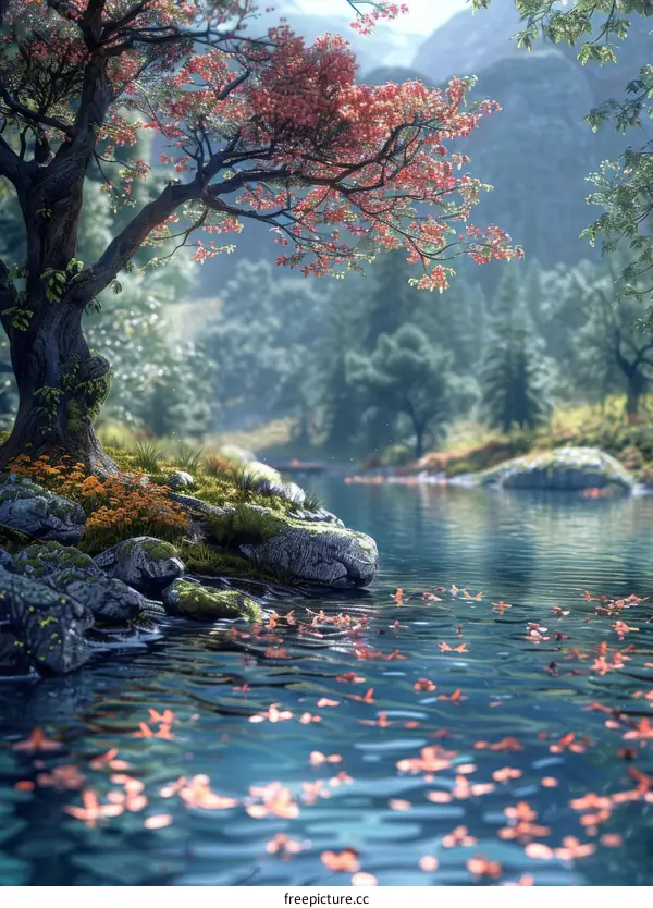 Tranquil Autumn Lake Scene with Mountain and Tree