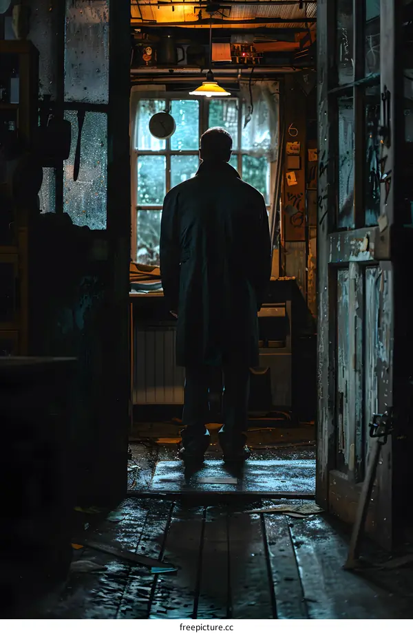 Man Standing in a Darkened Room Looking Out the Window