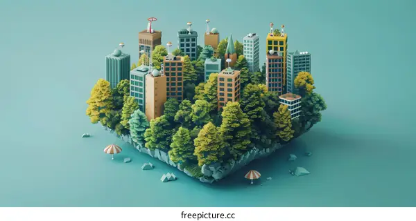 3D Illustration of a City Built on a Green Floating Island