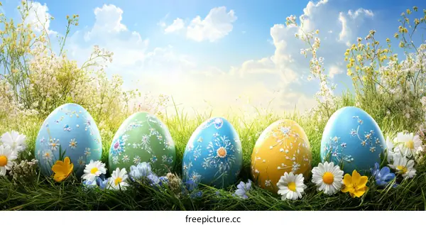 Easter Eggs in a Meadow under a Sky