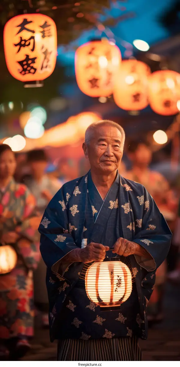 An elderly man in a kimono holding a lantern