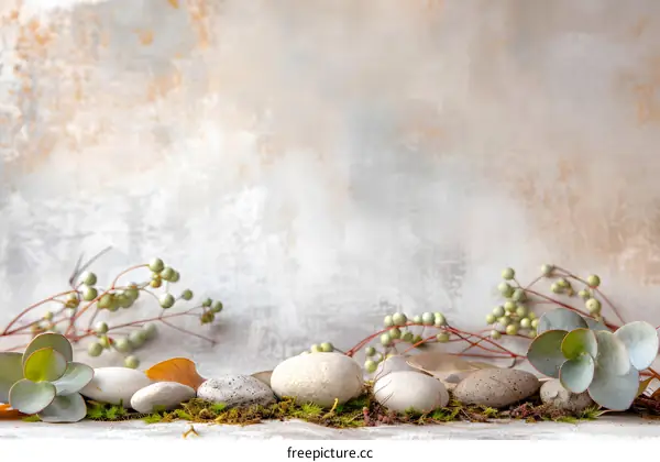 Zen Stones and Plants on a Grey Background