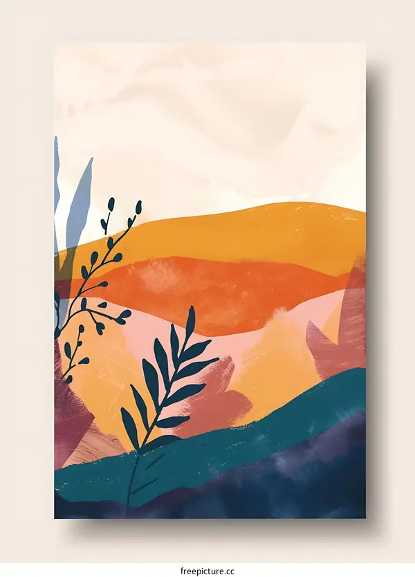 Abstract Landscape Painting with Orange and Blue Hues