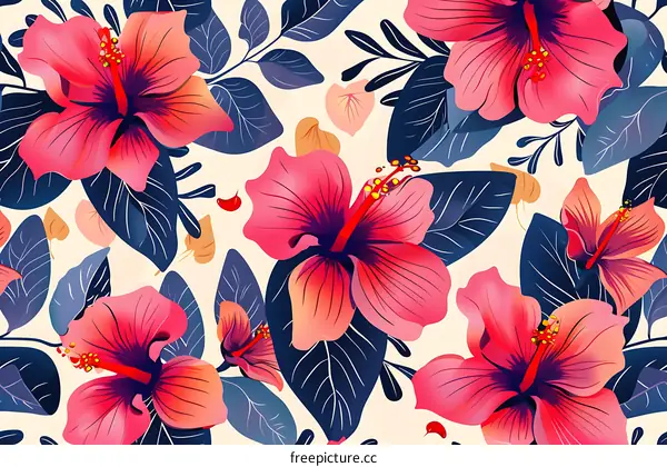 Colorful Floral Pattern With Red Hibiscus Flowers and Blue Leaves