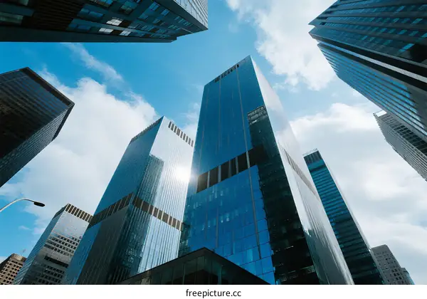 Modern Skyscrapers in Urban Landscape Under Blue Sky